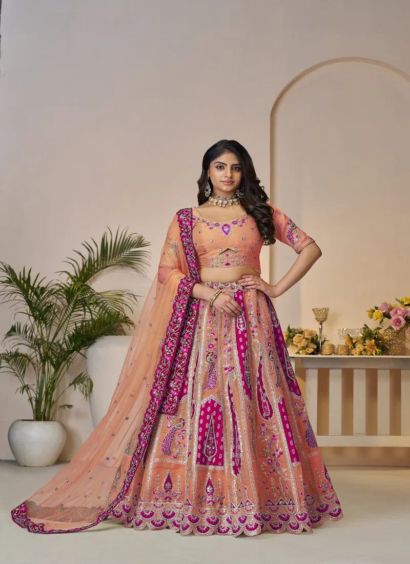 Kf-484-Orange Banarasi Silk Embroidered Lehenga Choli Suppliers In India